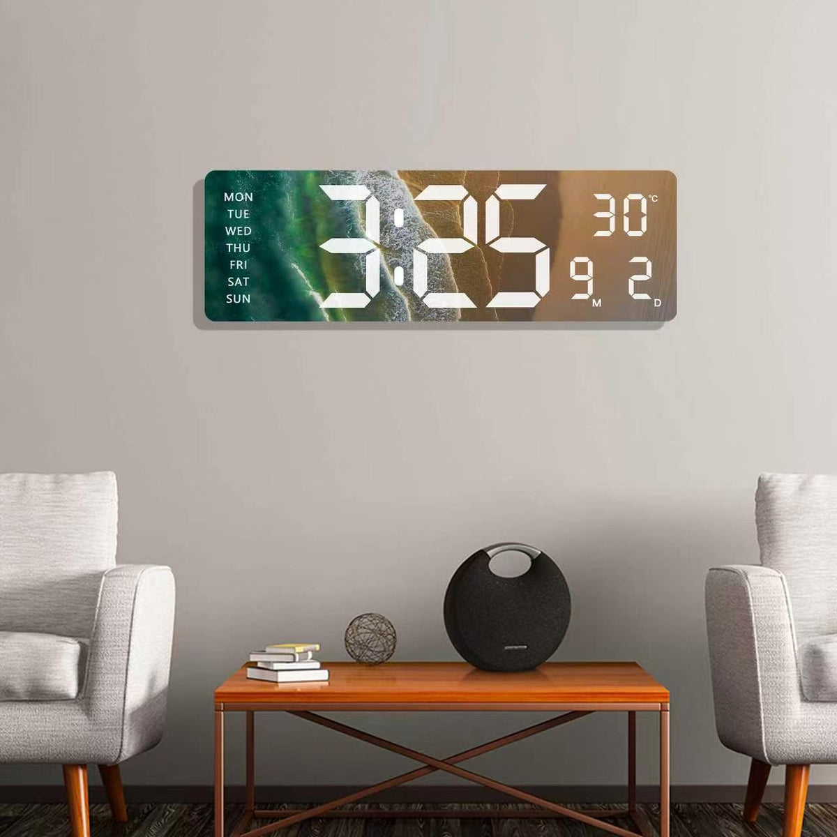 Rectangular LED digital wall clock with a scenic beach landscape background