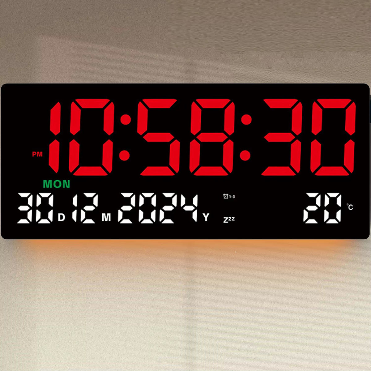A large rectangular LED digital calendar wall clock