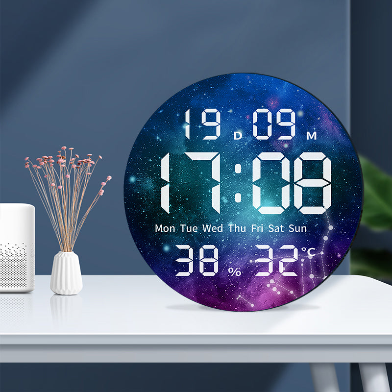 round 3D LED digital wall clock showcasing a picture of the Eiffel Tower in Paris, displaying the time, calendar date, day of the week, humidity, and temperature.