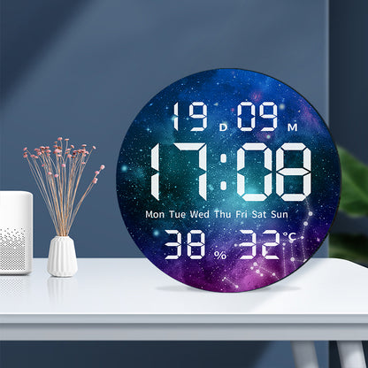 round 3D LED digital wall clock showcasing a picture of the Eiffel Tower in Paris, displaying the time, calendar date, day of the week, humidity, and temperature.
