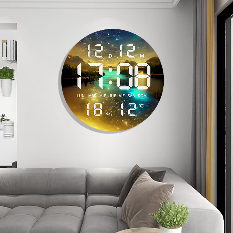 round 3D LED digital wall clock showcasing a picture of the Eiffel Tower in Paris, displaying the time, calendar date, day of the week, humidity, and temperature.