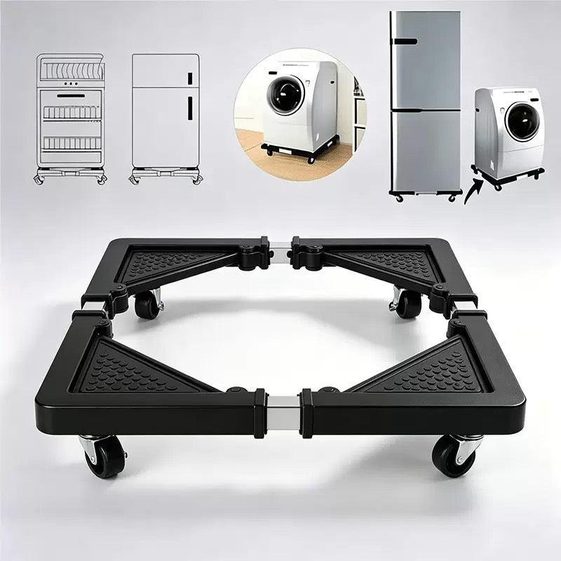 Adjustable mobile base stand designed for household appliances like washing machines and refrigerators