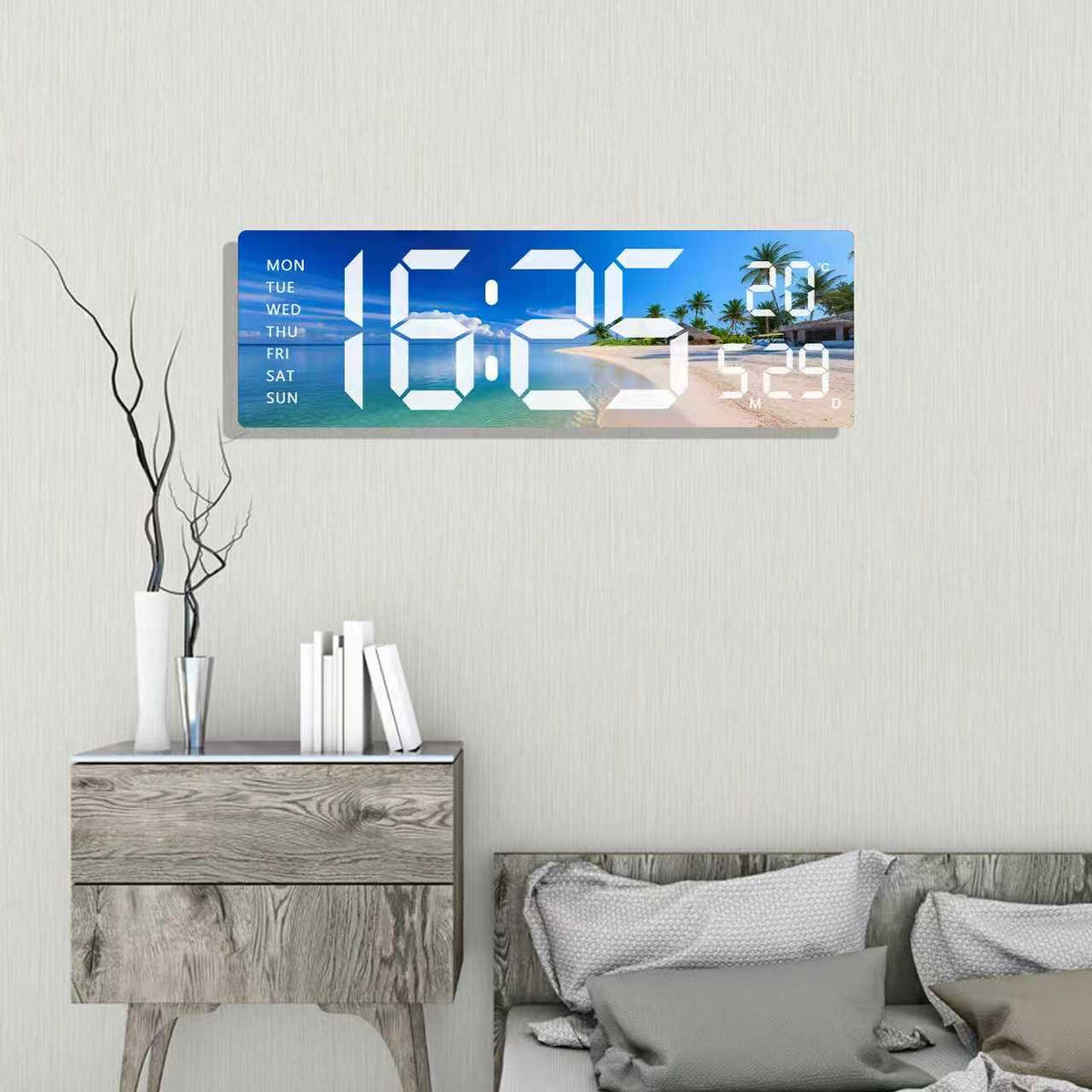Rectangular LED digital wall clock with a scenic beach landscape background