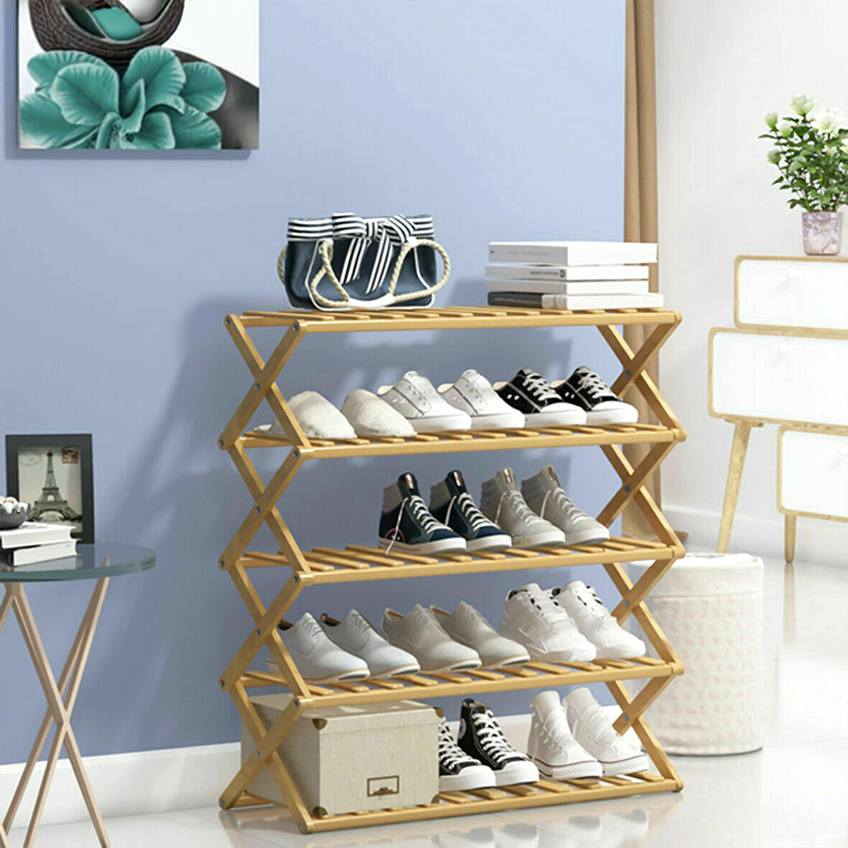 5 layer foldable bamboo shoe rack