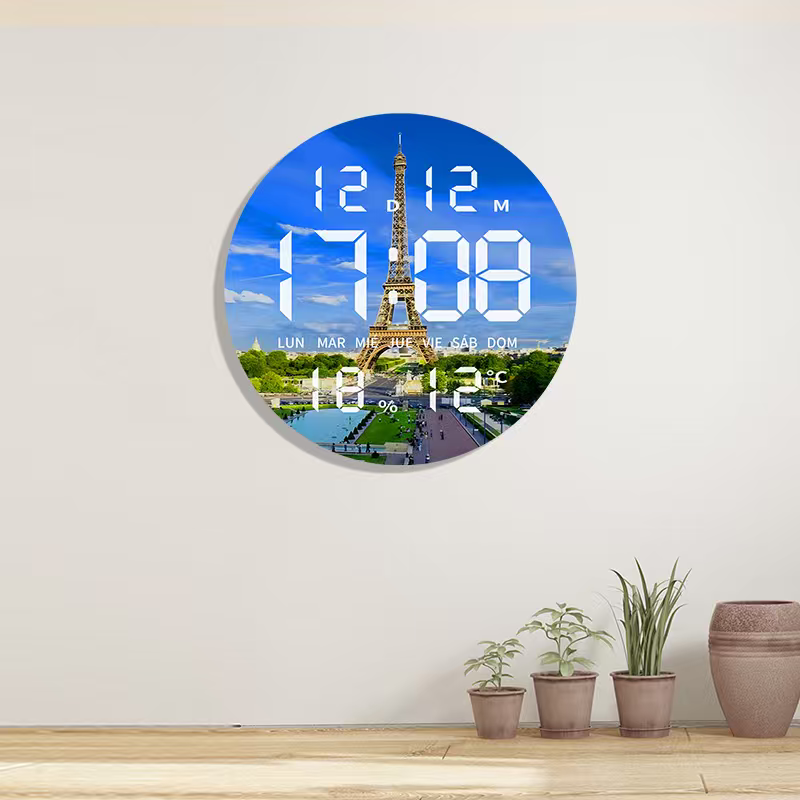 round 3D LED digital wall clock showcasing a picture of the Eiffel Tower in Paris, displaying the time, calendar date, day of the week, humidity, and temperature.