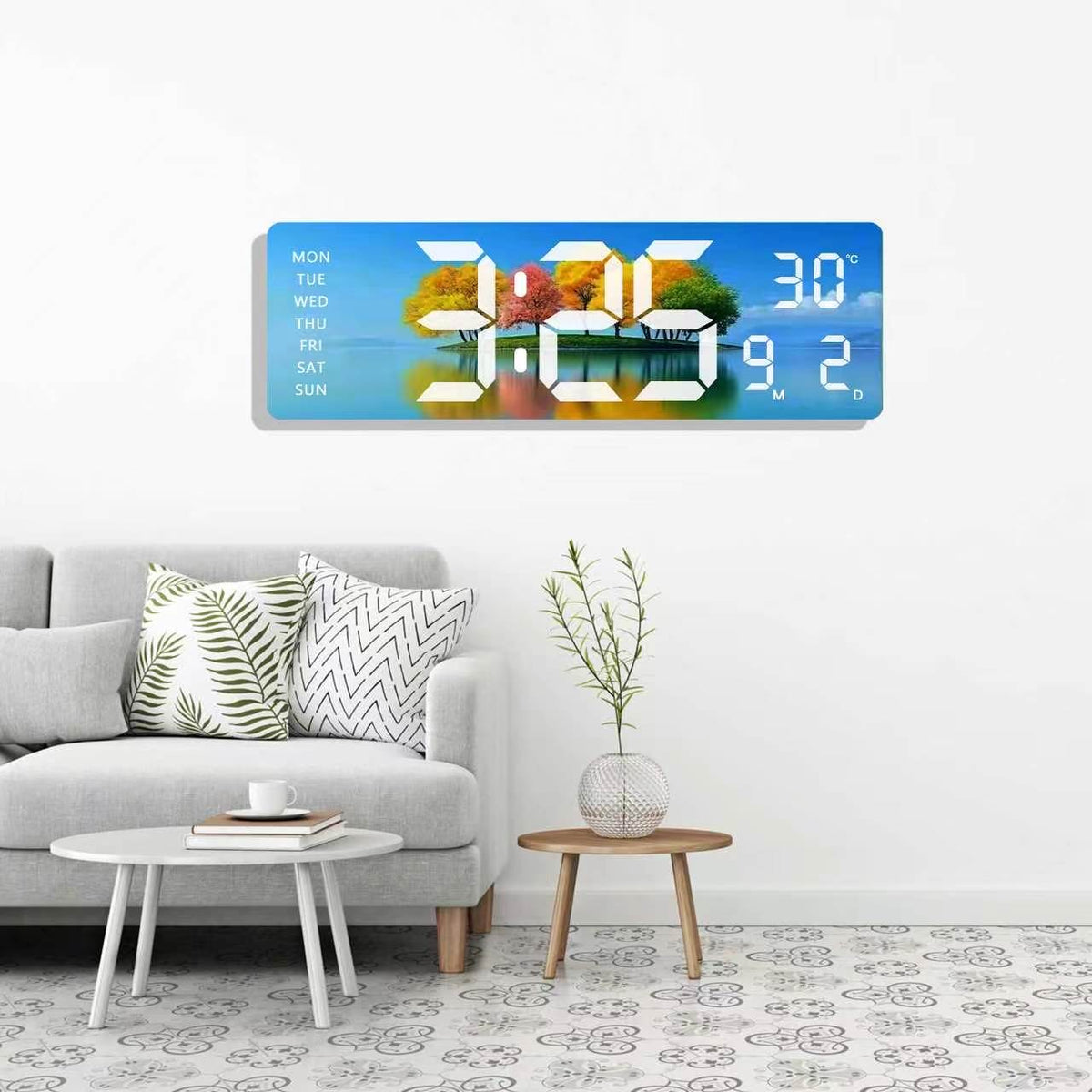 Rectangular LED digital wall clock with a scenic beach landscape background