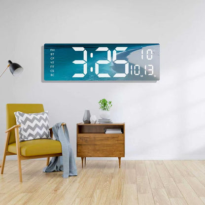 Rectangular LED digital wall clock with a scenic beach landscape background
