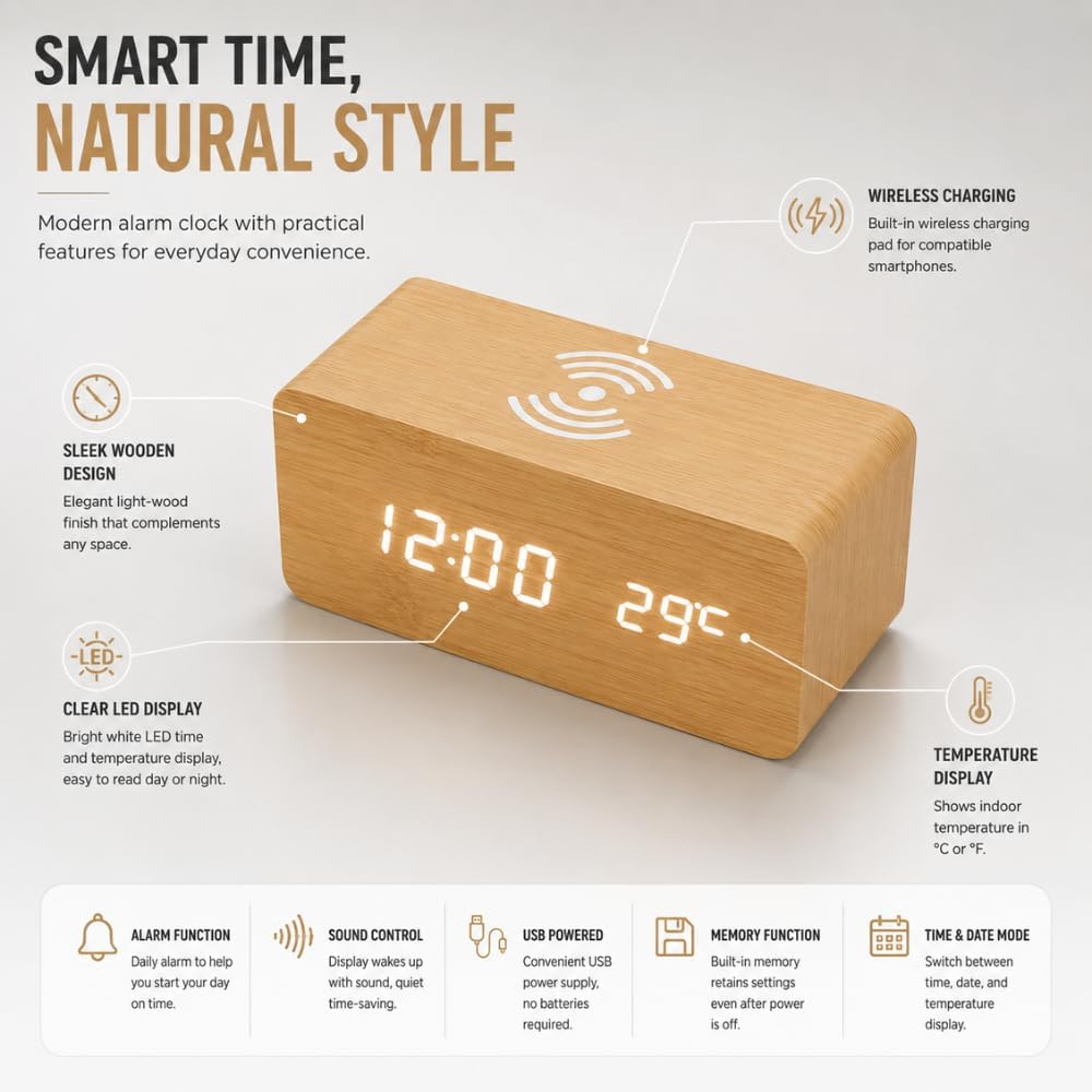 A wooden LED digital desk alarm clocks featuring Qi wireless charging pads built into their top surfaces
