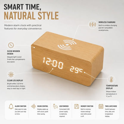 A wooden LED digital desk alarm clocks featuring Qi wireless charging pads built into their top surfaces