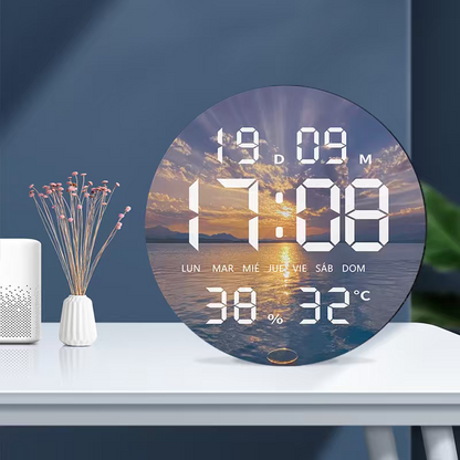 round 3D LED digital wall clock showcasing a picture of the Eiffel Tower in Paris, displaying the time, calendar date, day of the week, humidity, and temperature.